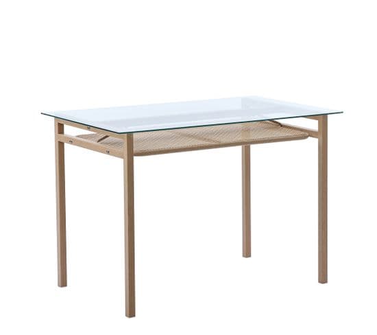 Table Avec Rangement, 110x65x74 Cm, Plateau En Verre Trempé, Beige