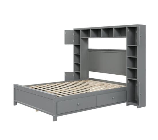 Lit Avec Rangement 140x200 Cm, Avec 4 Tiroirs Et Une Grande Armoire De Rangement, Gris