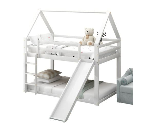 Lit Enfant En Forme De Maison Avec Toboggan Et Échelle, Blanc, 90x200cm