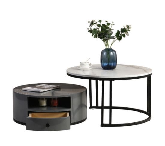 Ensemble De Tables Gigognes En Pvc Noir Et Gris Effet Marbre Avec Rangement