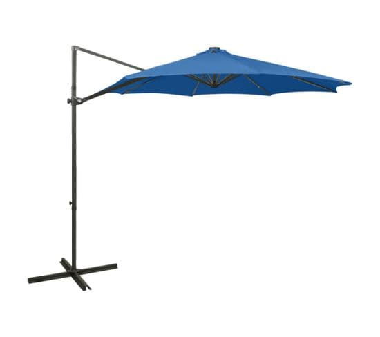 Parasol Déporté Avec Mât Et Lumières LED Bleu Azur 300 Cm