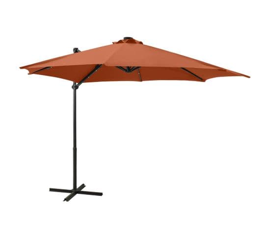 Parasol Déporté Avec Mât Et Lumières LED Terre Cuite 300 Cm