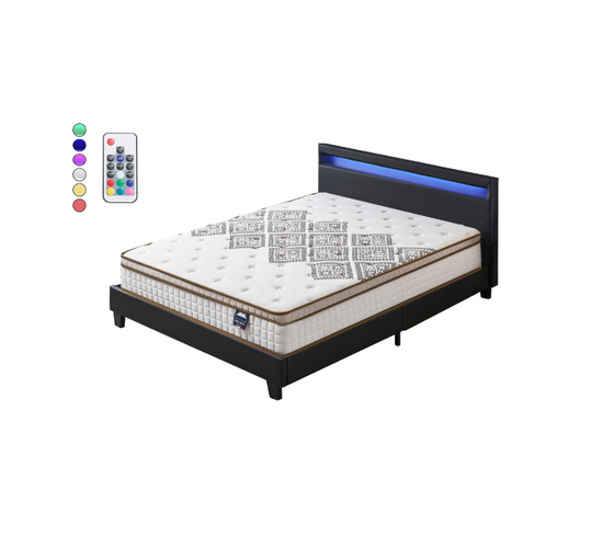 Ensemble Matelas Ressorts Ensachés + Lit Eclairage à LED 140x200 Cm Epaisseur 28cm Accueil Moussehd