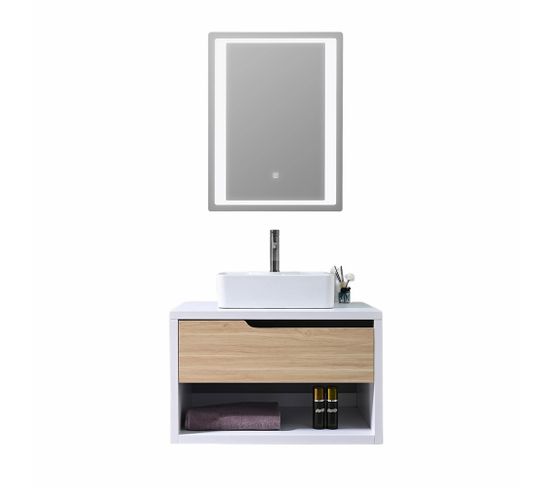 Meuble De Salle De Bain Simple Vasque 80cm Bois Et Blanc Avec Miroir Led Lb-8153-80