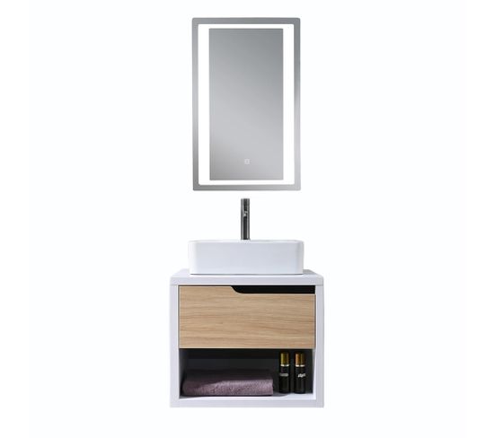 Meuble De Salle De Bain Simple Vasque 60cm Bois Et Blanc Avec Miroir Led Lb-8153-60