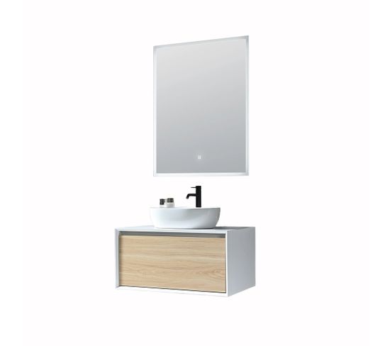 Meuble De Salle De Bain Simple Vasque 80cm Blanc Et Bois Avec Miroir Led