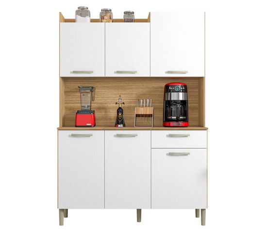 Buffet De Cuisine 6 Portes 1 Tiroir Chêne Et Blanc Largeur 122 Cm