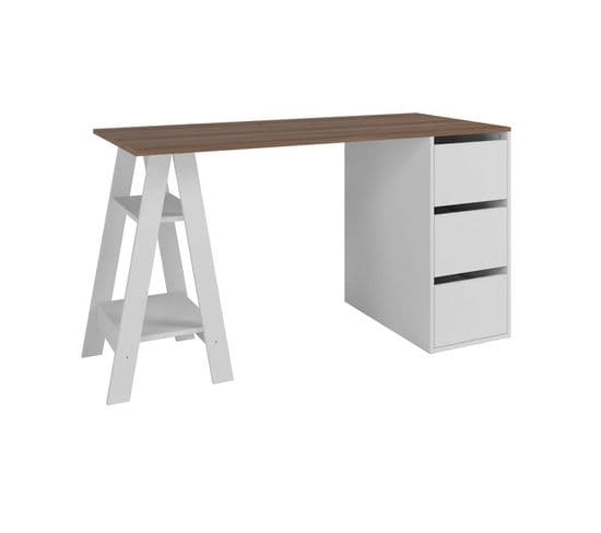 Bureau Tréteau Et Caisson 3 Tiroirs Blanc Et Châtaignier L 135 H 75 P 60 Cm