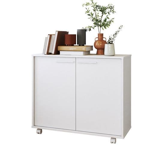 Buffet Armoirette 2 Portes 4 Niches Blanc L 90 Cm Sur Roulettes