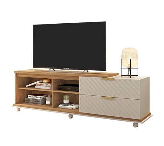 Meuble Tv 65 Pouces Chêne Et Ecru 5 Niches 6 Roulettes L 180 H 64 P 38 Cm