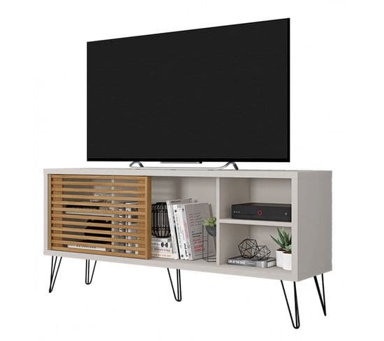 Meuble TV 55 Pouces Pieds Métal Blanc Ecru Chêne L 136 H 62 P 36 Cm