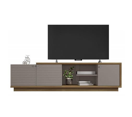 Meuble TV 75 Pouces 3 Portes Chêne Et Gris L 195 H 50.9 P 36 Cm