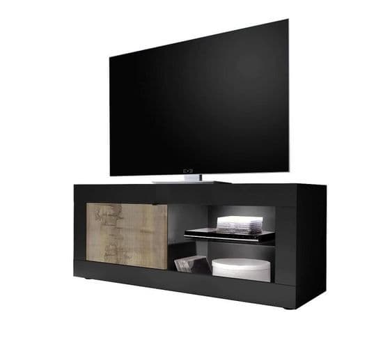 Meuble TV Style Vintage Basico 1 Porte Décor Chêne Pero Et Noir Mat L140 X H56 X P43 Cm