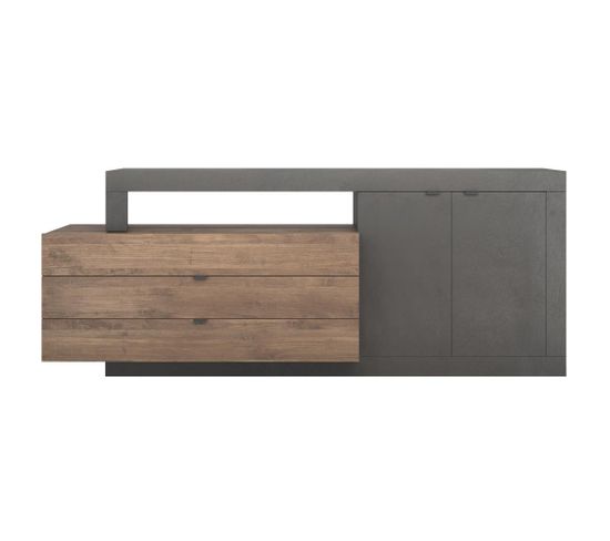 Buffet Avec 2 Portes, 3 Tiroirs Et 1 Niche - Naturel Et Anthracite - Ruselo