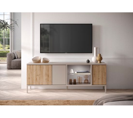 Meuble TV 3 portes GENT L. 160 cm imitation chêne et beige