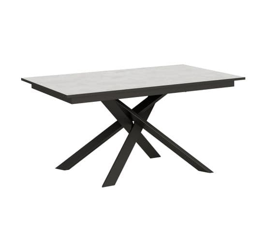 Table Extensible 90x160/220 Cm Ganty Blanc Spatulé Bande De Chante Anthracite Cadre Anthracite