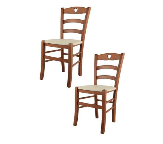 Set 2 Chaises Cuore En Hêtre Cerisier, Assise En Cuir Artificiel Couleur Ivoire