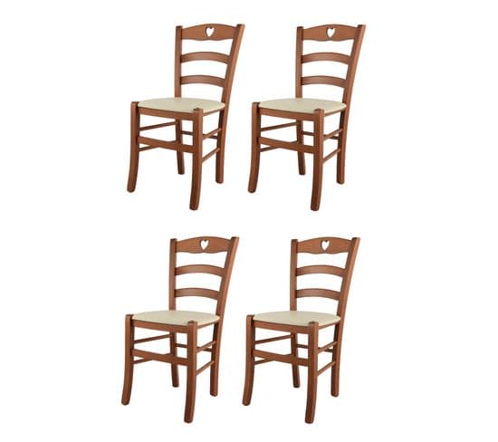 Set 4 Chaises Cuore En Hêtre Cerisier, Assise En Cuir Artificiel Couleur Ivoire