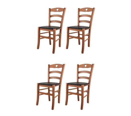 Set 4 Chaises Cuore En Hêtre Couleur Cerisier, Assise En Cuir Artificiel Couleur Moka