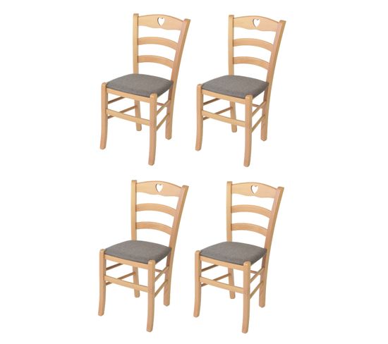 Set 4 Chaises Cuore En Hêtre Couleur Naturel, Assise En Tissu Chevreuil