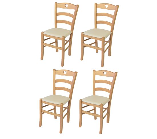 Set 4 Chaises Cuore En Hêtre Couleur Naturel, Assise En Cuir Artificiel Couleur Ivoire