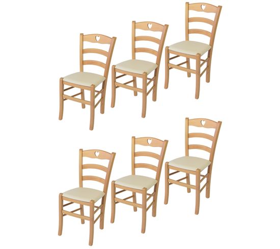 Set 6 Chaises Cuore En Hêtre Couleur Naturel, Assise En Cuir Artificiel Couleur Ivoire