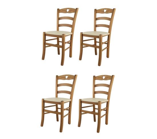 Set 4 Chaises Cuore En Hêtre Couleur Chêne, Assise En Cuir Artificiel Couleur Ivoire