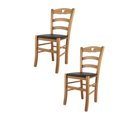 Set 2 Chaises Cuore En Hêtre Couleur Chêne, Assise En Cuir Artificiel Moka