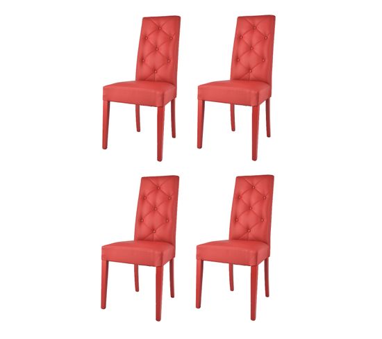 Set 4 Chaises Chantal,hêtre Peindré Rouge, Assise Et Dossier En Cuir Artificiel Avec Boutons