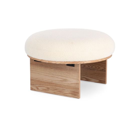 Pouf Rond En Bois Et Bouclette Blanc D60 - Pavel