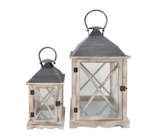 Lot De 2 Lanternes Décoratives Bois Métal Pvc 52x28x28