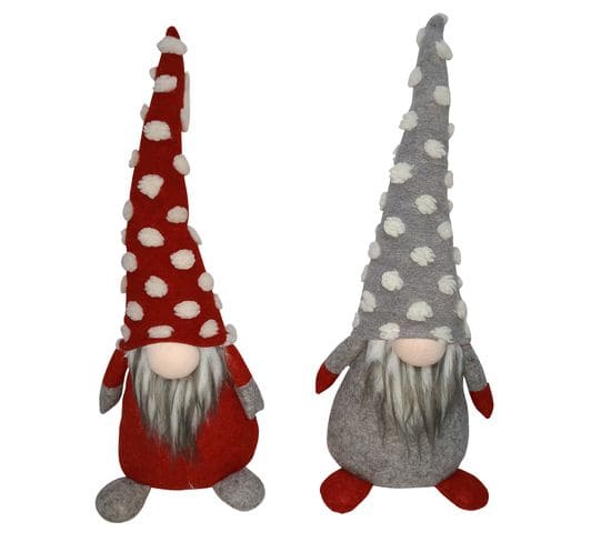 Set De 2 Gnomes Elfes Décoratif Tissu Gris Rouge 48x20x14