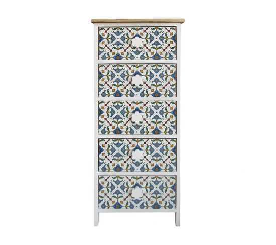 Chiffonier 5 Tiroirs Moderne Bois Clair Blanc Bleu 93x40x30