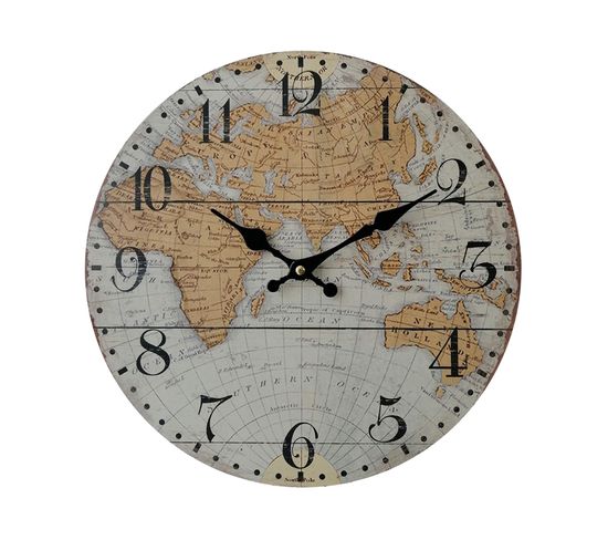 Horloge Murale Avev Carte Du Monde Mdf Brun Gris Style Rétro Pour Cuisine