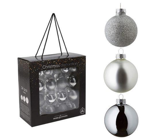 Boules De Noël Pour Sapin Ornements 34 PCs Gris Argent Verre