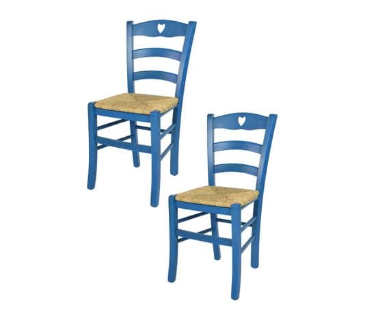 Set 2 Chaises Cuore Cuisine, Bar Et Salle à Manger En Hêtre Aniline Bleu, Assise En Paille