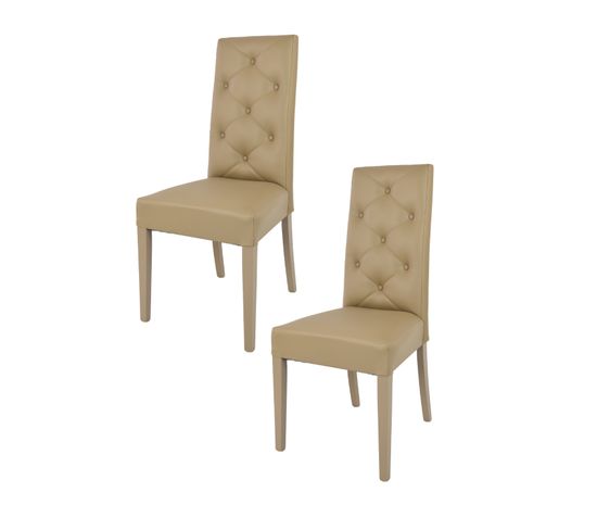 Set 2 Chaises Chantal,hêtre Peindré Cappuccino, Dossier Revêtu En Cuir Artificiel Avec Boutons