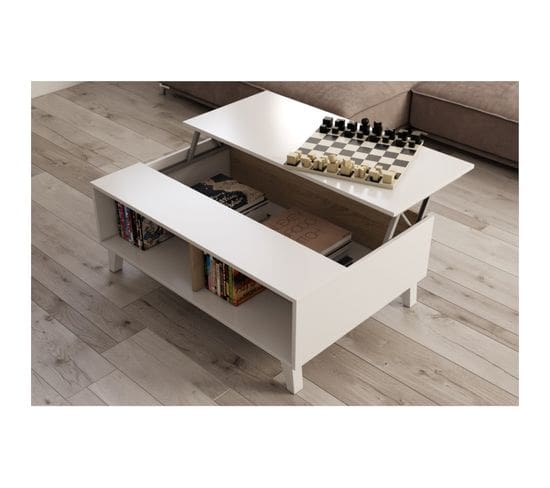 Table basse avec plateau relevable ZAIKEN chêne et blanc brillant