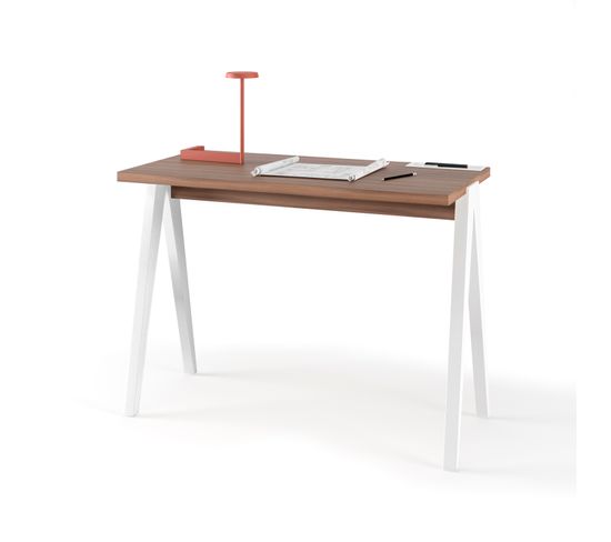 Bureau Fabriqué En Mélamine Avec Pieds En Hêtre Massif, Modèle Compas En Couleur Noyer Et Blanc