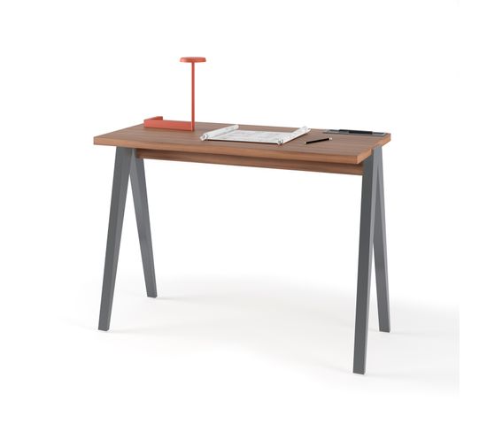 Bureau Fabriqué En Mélamine Avec Pieds En Hêtre Massif, Modèle Compas En Couleur Noyer Et Gris