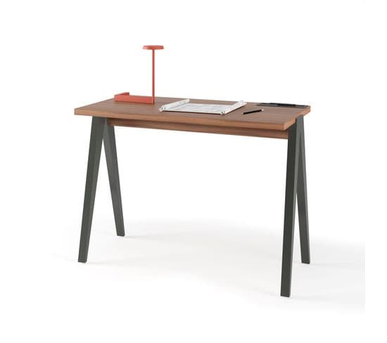 Bureau Fabriqué En Mélamine Avec Pieds En Hêtre Massif, Modèle Compas En Couleur Noyer Et Graphite