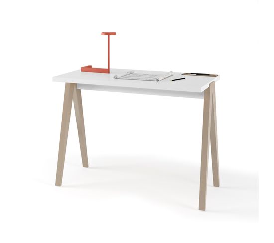 Bureau Fabriqué En Mélamine Avec Pieds En Hêtre Massif, Modèle Compas En Couleur Blanc Et Taupe