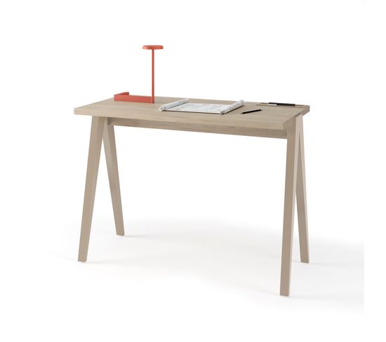 Bureau Fabriqué En Mélamine Et Hêtre Massif, Modèle Compas En Couleur Chêne Clair Et Taupe