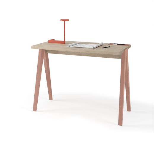 Bureau Fabriqué En Mélamine Avec Pieds En Hêtre Massif, Modèle Compas En Couleur Chêne Clair Et Rose