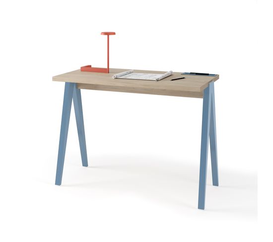 Bureau Fabriqué En Mélamine Avec Pieds En Hêtre Massif, Modèle Compas En Couleur Chêne Clair Et Bleu