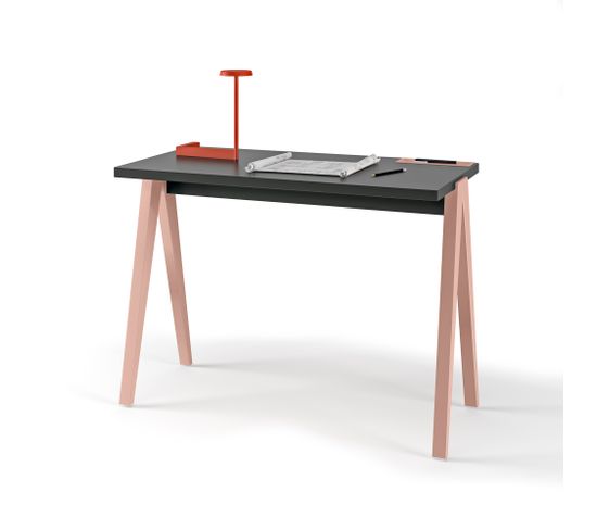 Bureau Fabriqué En Mélamine Avec Pieds En Hêtre Massif, Modèle Compas En Couleur Graphite Et Rose