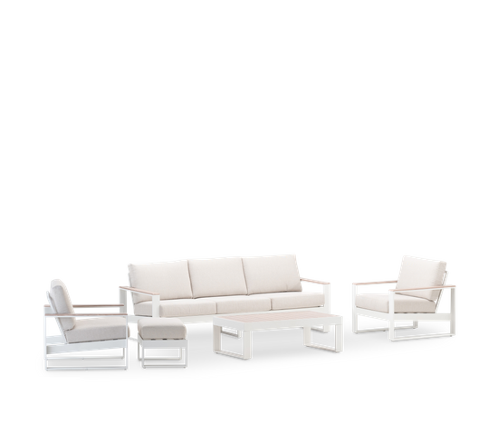 Set Jardin 5 Places Et Repose-pieds Aluminium Blanc, Effet Bois- Manhattan