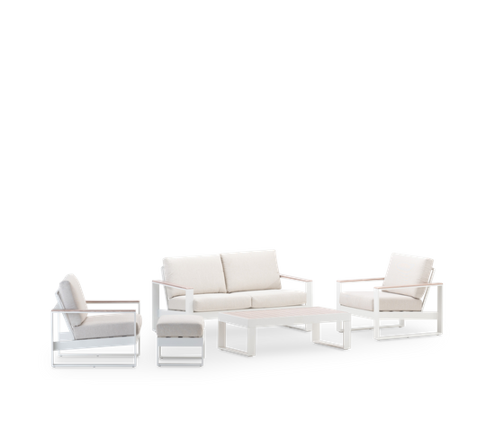 Set Jardin 4 Places Et Repose-pieds Aluminium Blanc, Effet Bois- Manhattan