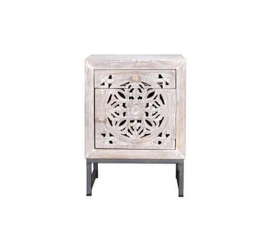 Table De Chevet 1 Tiroir Bois, Fer Blanc 40x35x56cm - Bois-fer