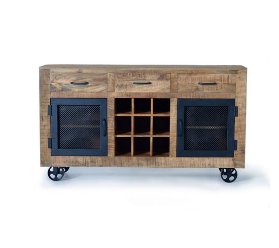 Buffet 3 Tiroirs Et 2 Portes De Style Industriel En Bois De Manguier.85x150x38cm